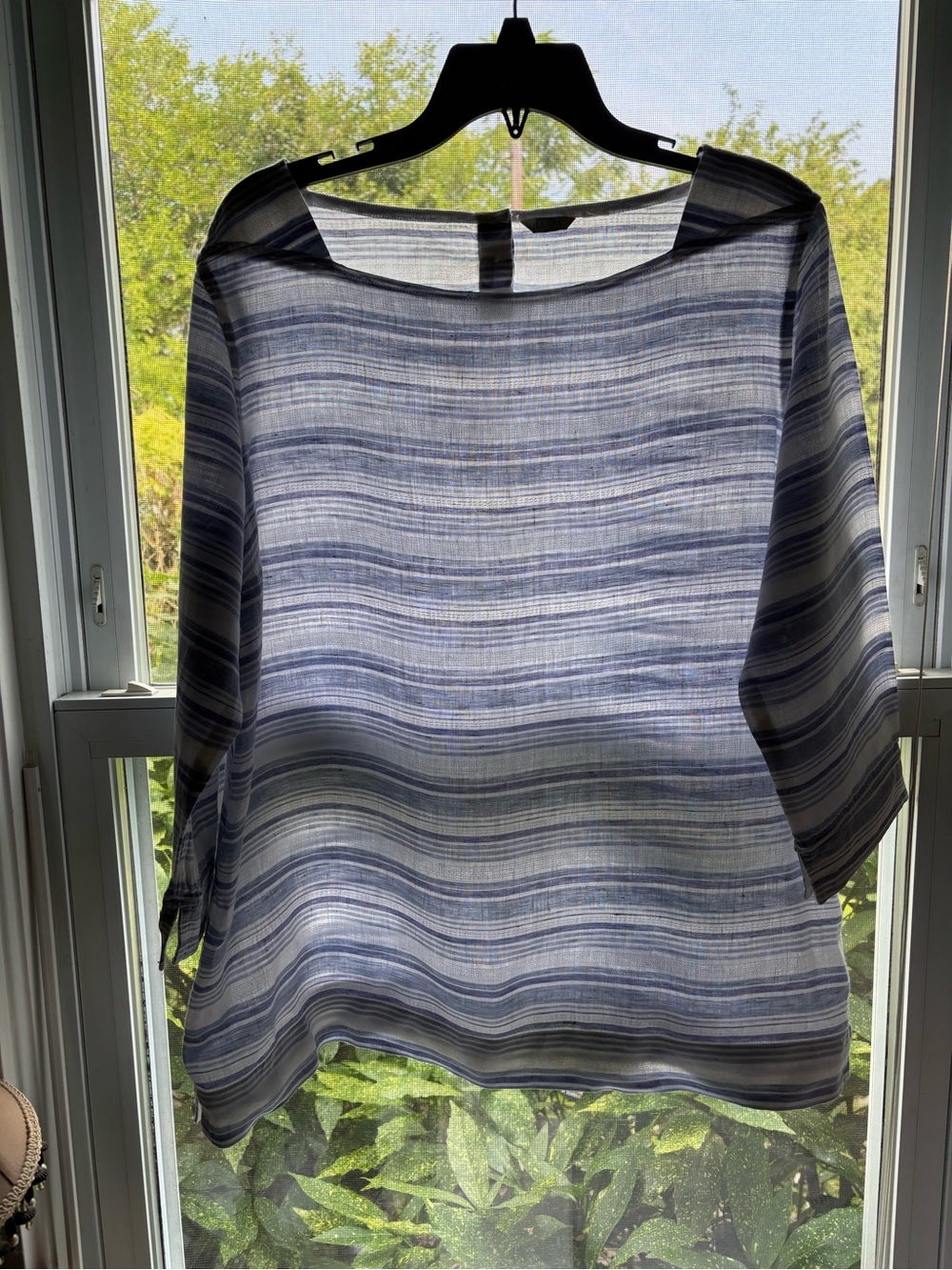 L.L. Bean Blue and White Striped Boatneck Blouse linen